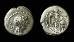 M Porcius Cato, Quinarius, Subaeratus, Victory Seated reverse
